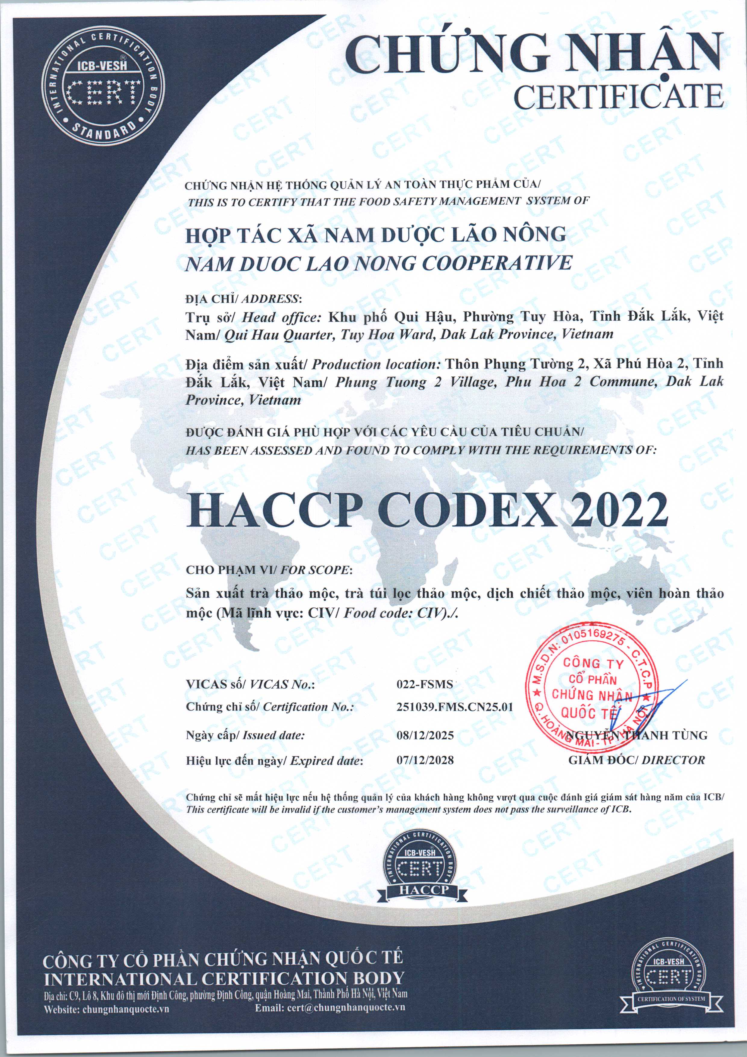 Giấy Chứng Nhận HACCP CODEX 2022 - Nam Dược Lão Nông