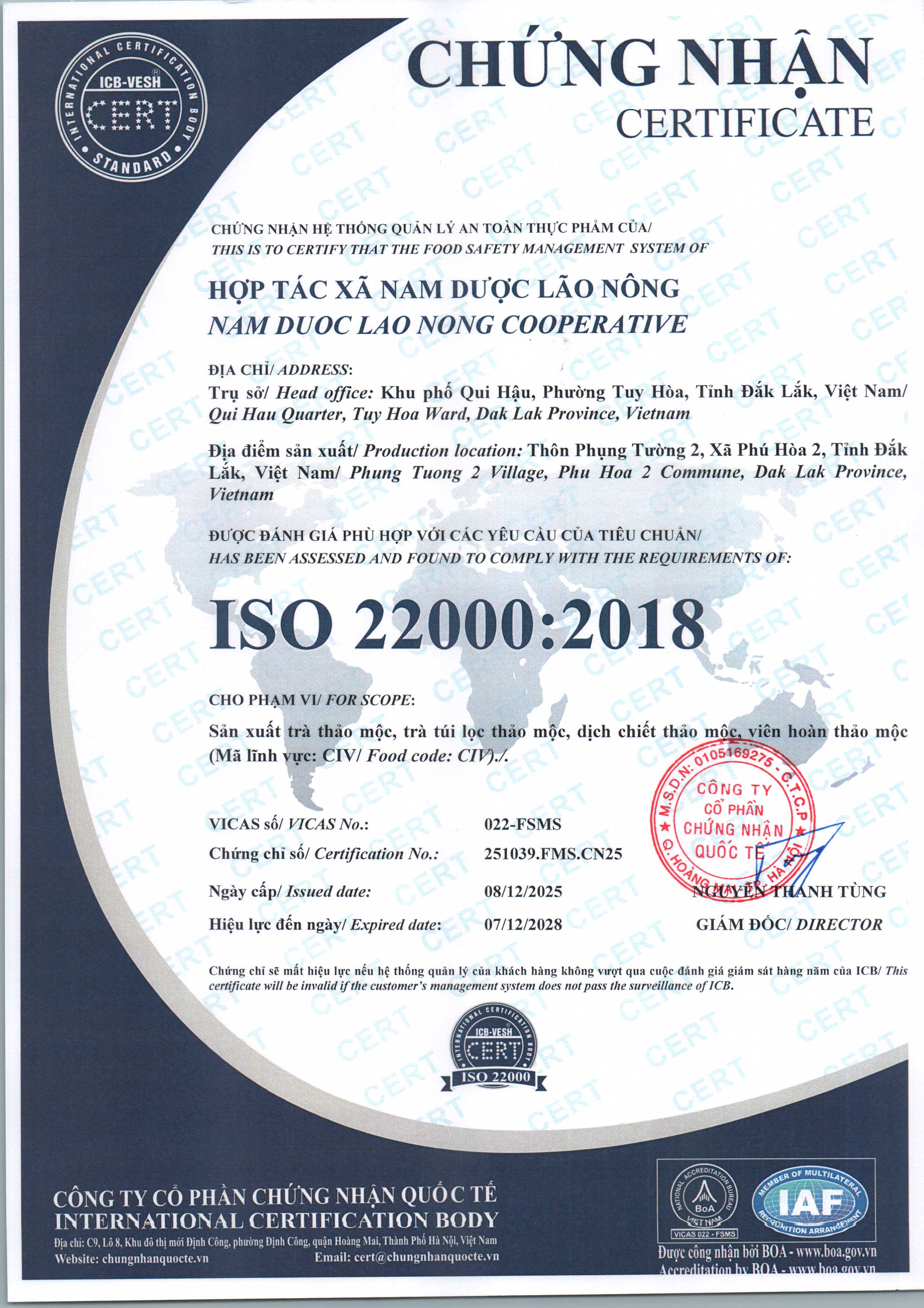 Giấy Chứng Nhận ISO 22000:2018 - Nam Dược Lão Nông