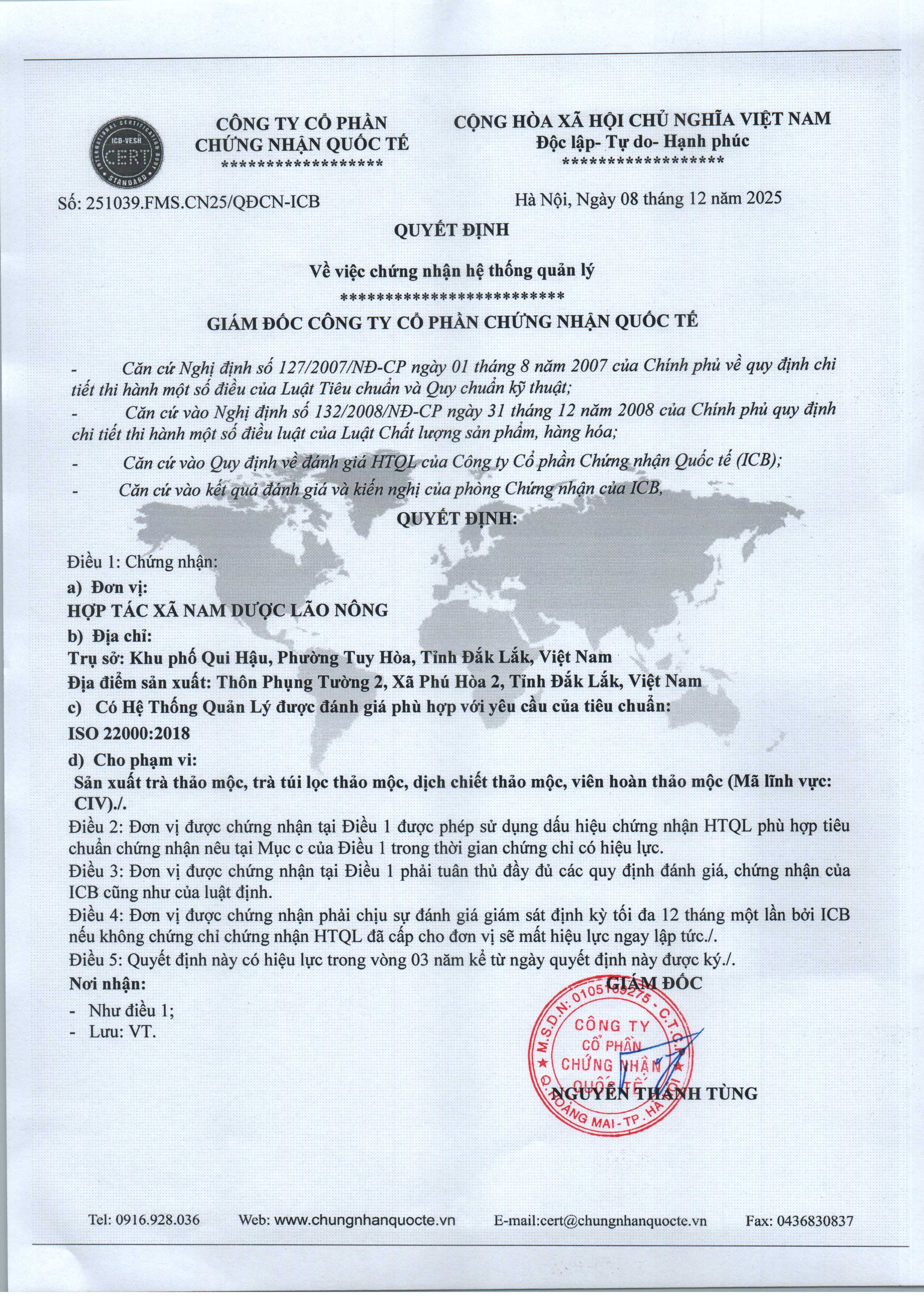 Quyết Định Công Nhận ISO 22000:2018 - Nam Dược Lão Nông